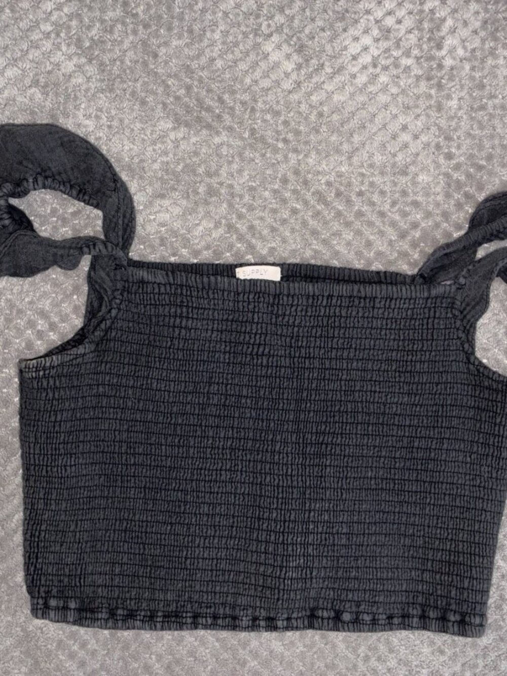 Z Supply Smocked Crop Tank Top Womens L Charcoal Gray Tie Strap 100% Cotton